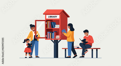 Community Library Scene with People Reading and Sharing Books Outdoors