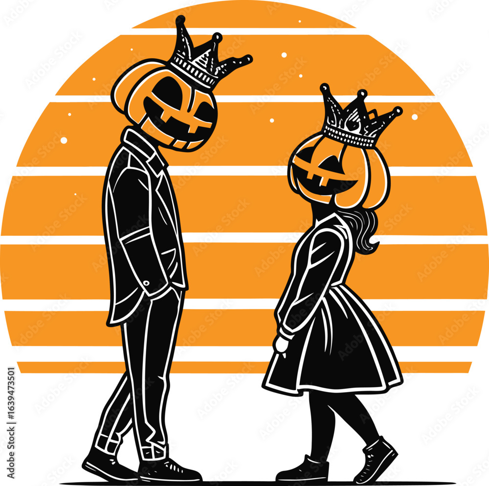 Fototapeta premium Halloween pumpkin head couple standing together under sunset vector