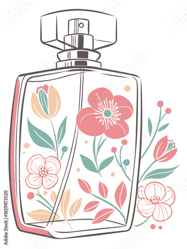 Perfume bottle decorated with watercolor-style floral patterns	