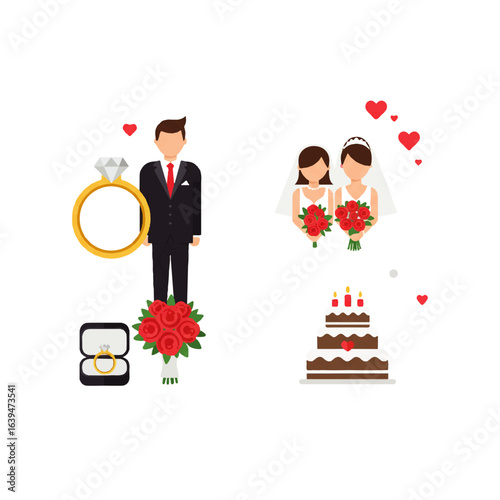 Wedding celebration elements set with a lesbian couple, groom, and marriage icons. Vector illustration of love, rings, cake, and flowers.