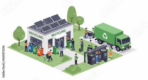 Community Recycling Center with Solar Panels and Green Waste Truck