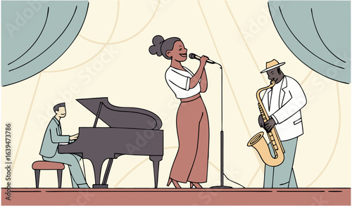 Jazz concert concept. Women with microphone and men with musical instruments on stage. Pianist, saxophonist, vocalist and cellist. Musicians performing, show. Cartoon flat vector illustration     