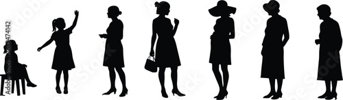 Silhouette of female life stages, girl to elderly woman, aging progression concept, generations, growth, maturity, and aging process illustration