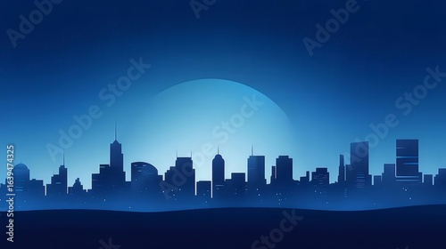 青い背景にシルエットの街並み 夜空の星と月 デザインされた都市の景観イラスト
