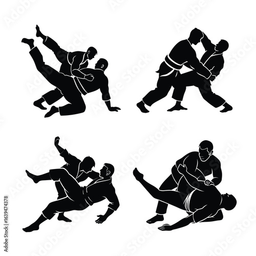 Brazilian jiu jitsu martial arts combat sport vector silhouette on white background