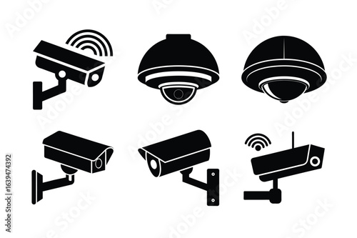 Cctv camera icons security surveillance system vector silhouette on white background