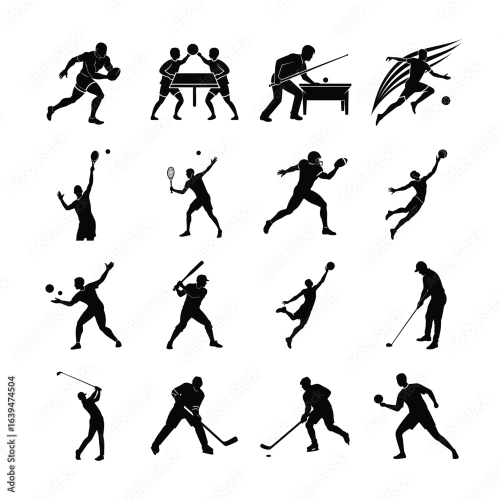 Obraz premium Football tennis golf bowling basketball hockey volleyball rugby pool sports vector silhouette on white background