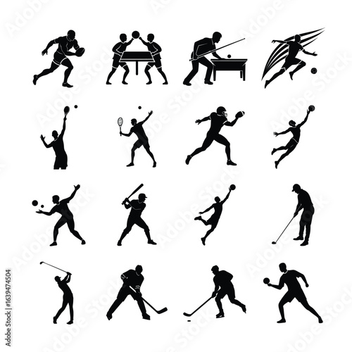 Football tennis golf bowling basketball hockey volleyball rugby pool sports vector silhouette on white background
