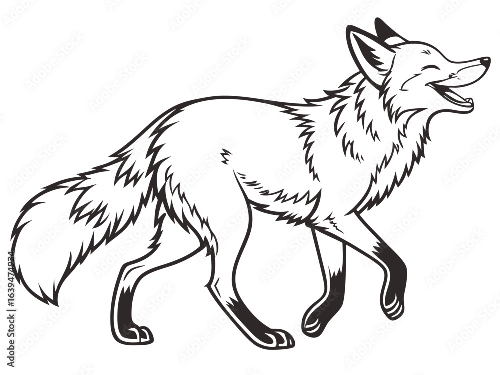 Obraz premium Animated red fox character stands alert in grassy meadow. A cheerful, cartoon-style red fox character stands alert on a grassy knoll, looking to the side.