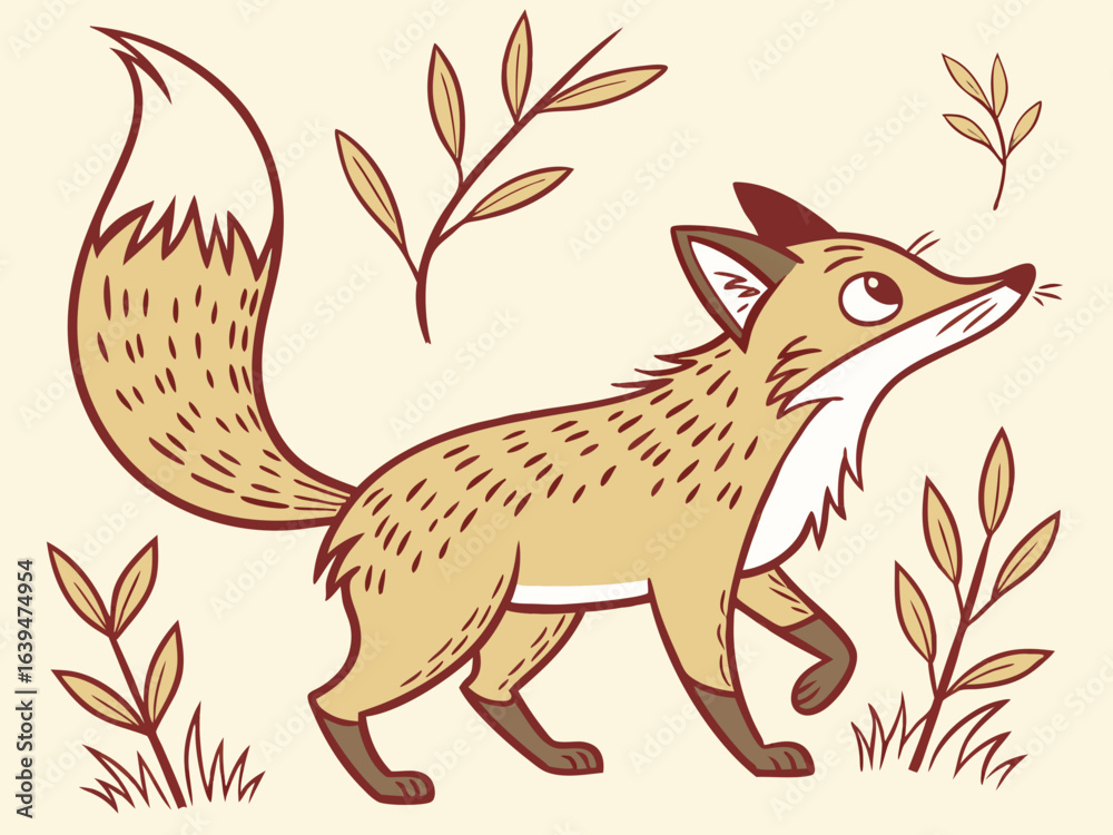 Obraz premium Animated red fox character stands alert in grassy meadow. A cheerful, cartoon-style red fox character stands alert on a grassy knoll, looking to the side.