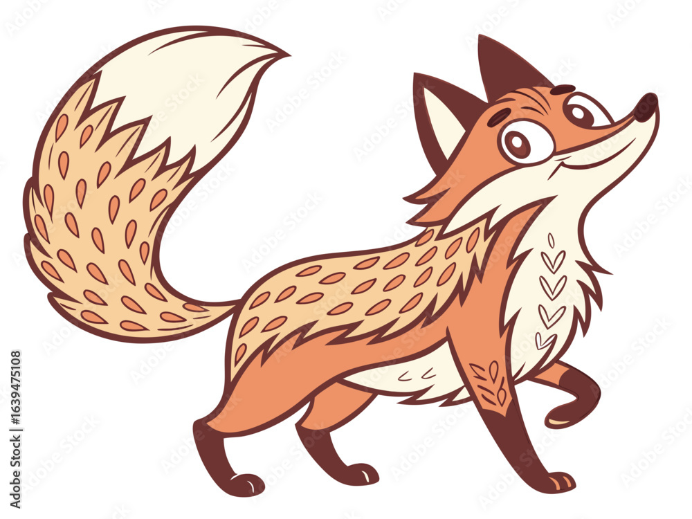 Obraz premium Animated red fox character stands alert in grassy meadow. A cheerful, cartoon-style red fox character stands alert on a grassy knoll, looking to the side.