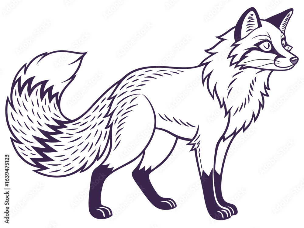 Obraz premium Animated red fox character stands alert in grassy meadow. A cheerful, cartoon-style red fox character stands alert on a grassy knoll, looking to the side.