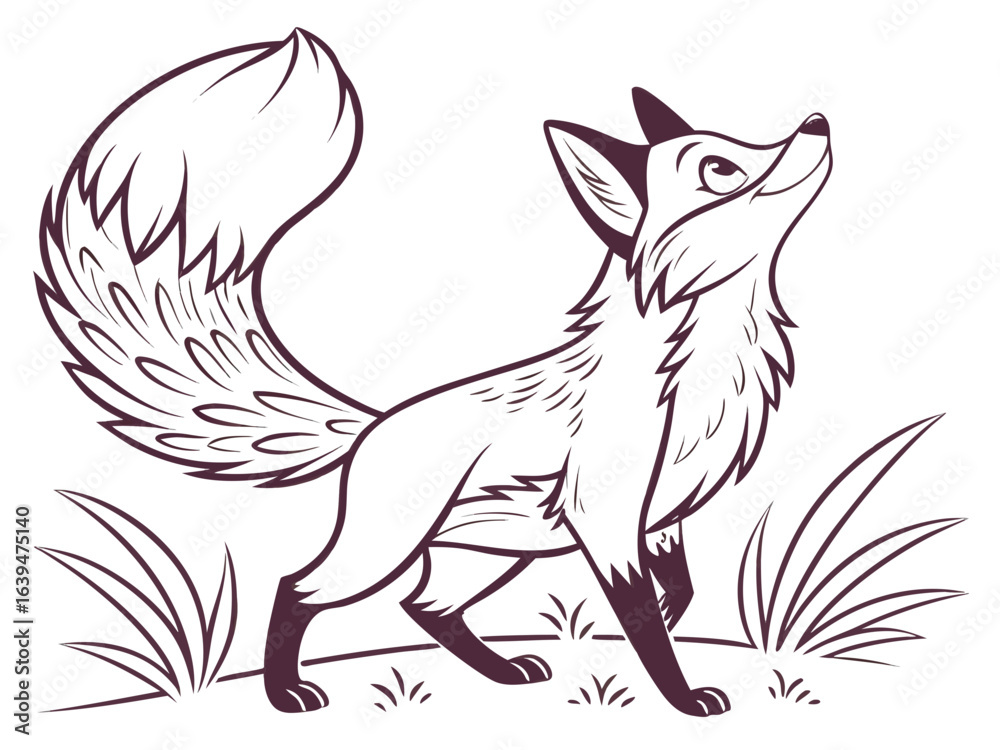 Obraz premium Animated red fox character stands alert in grassy meadow. A cheerful, cartoon-style red fox character stands alert on a grassy knoll, looking to the side.