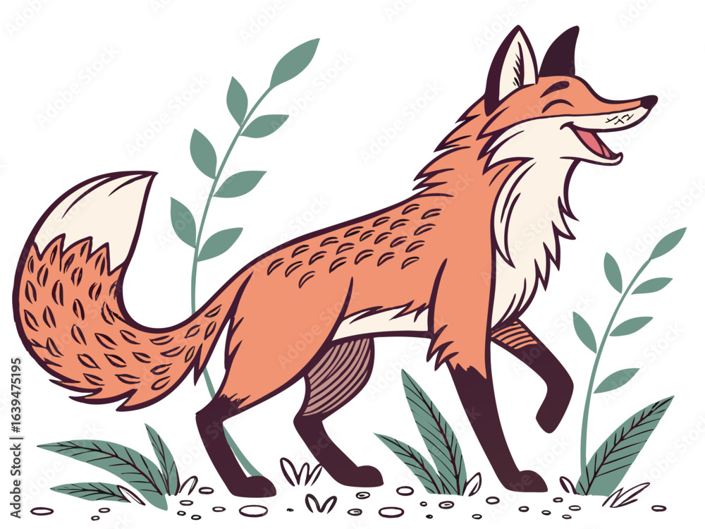 Obraz premium Animated red fox character stands alert in grassy meadow. A cheerful, cartoon-style red fox character stands alert on a grassy knoll, looking to the side.