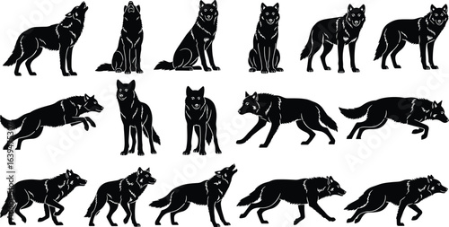 Wolf Silhouettes Collection, Wildlife Vector Illustration, Nature Animal Design, Standing, Sitting, Running, Walking Poses, Black, White, Isolated