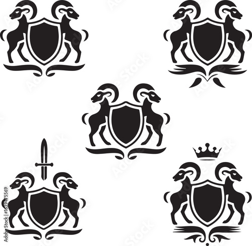 Five Heraldic Shields with Rams and Decorative Elements goat animal