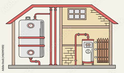 Home heating system. Poster with pipes line and pump, boiler and radiator, gas and water meter. Control measuring devices with modern mounted tank in basement of house. Cartoon flat vector illustratio