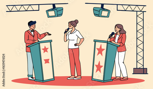 TV program quiz concept. Host with players in intellectual game of erudition. Man and woman answer to questions. Television industry and broadcasting. Cartoon flat vector illustration        