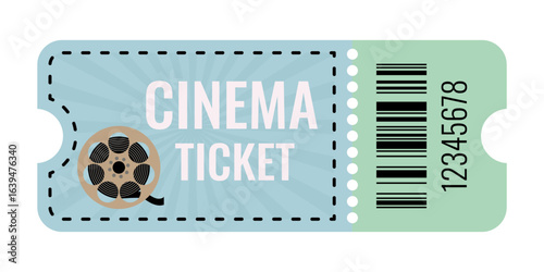 Cinema ticket design with film reel and barcode