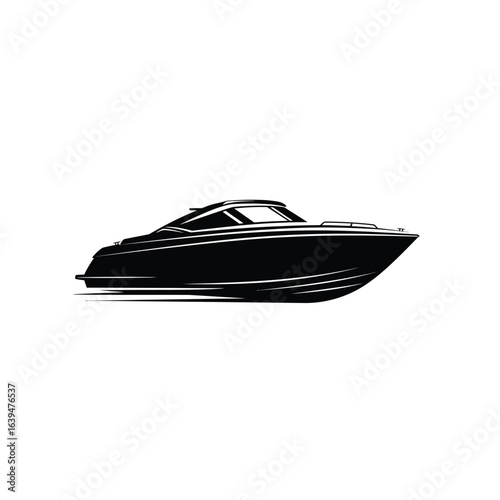 Sleek black motorboat illustration on white background for boating and recreation promotional materials and logo designs showcasing speed and luxury