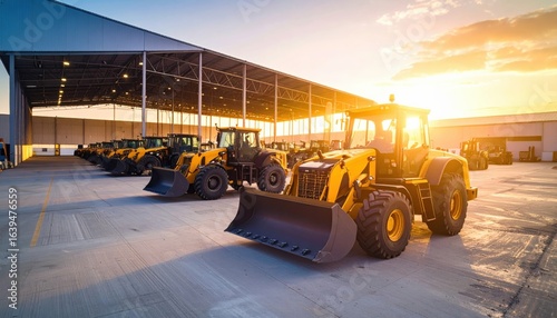 Fototapeta Naklejka Na Ścianę i Meble -  Yellow construction machinery lineup at sunset in large industrial facility