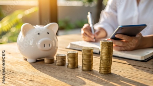Financial growth white piggy bank with ascending gold coins home office business strategy bright environment close-up view