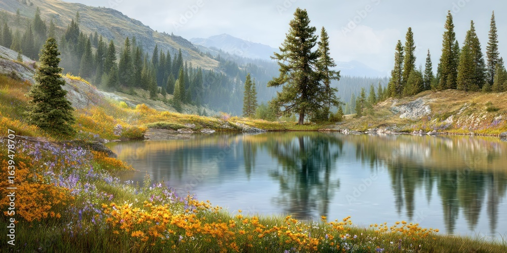 Fototapeta premium A reflective lake nestled in a golden alpine valley, wrapped in pine mist and wild blooms ultra-detailed, photorealistic