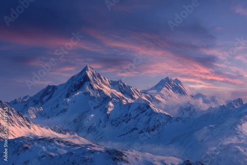 Majestic sunrise illuminating snowy mountains in peaceful winter landscape