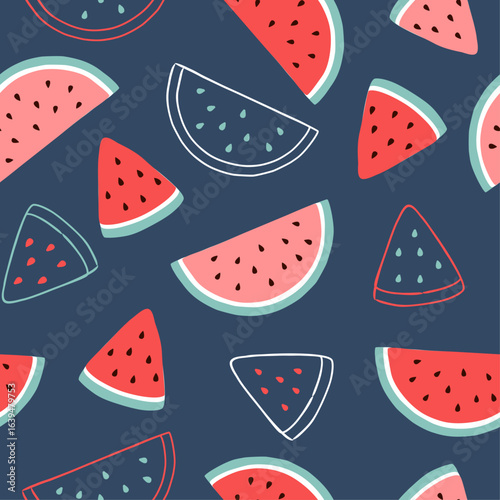 Hand drawn seamless childish watermelons pattern. Summer fruit in flat style for textile print. Watermelon fruitc cartoon repeat vector illustration.
