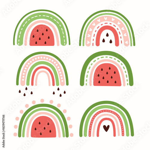 Summer rainbows stylized as fruit watermelon. Simple flat vector illustration isolated on white background.