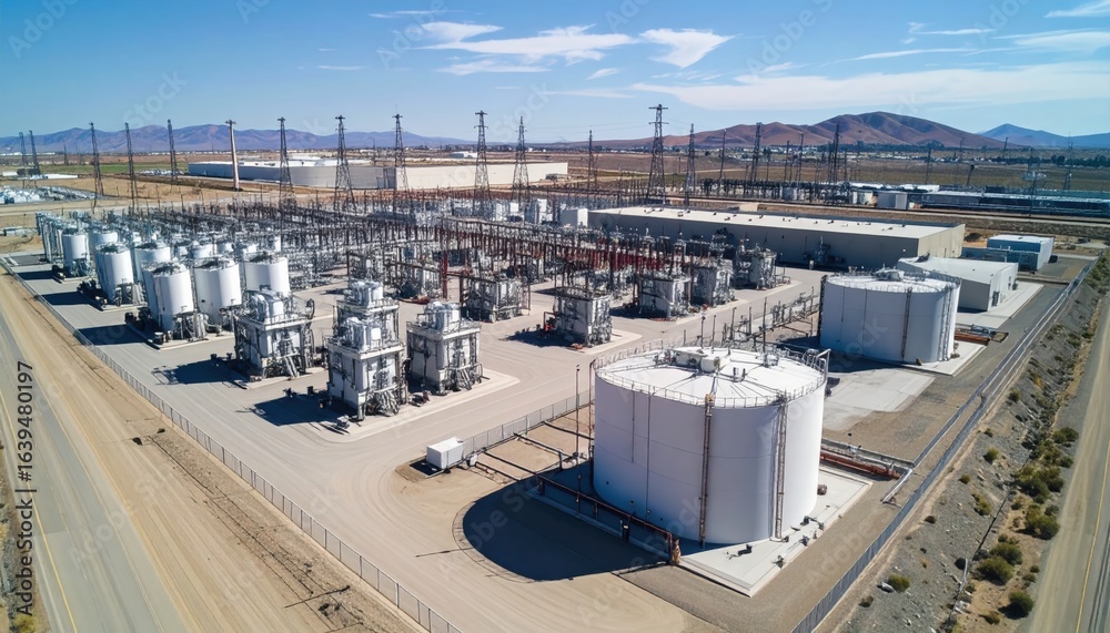 Fototapeta premium Aerial view of industrial oil storage facility with multiple tanks and equipment