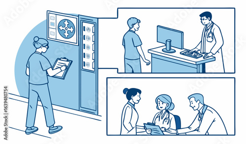 Pictographic of patients undergoing medical examinations in a hospital having scans and x-rays, eye test and dental consultation, blue toned vector illustration   