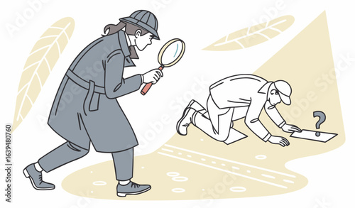 Private detective and investigation concept. The detective examining the murder scene. Flat cartoon vector illustration.         