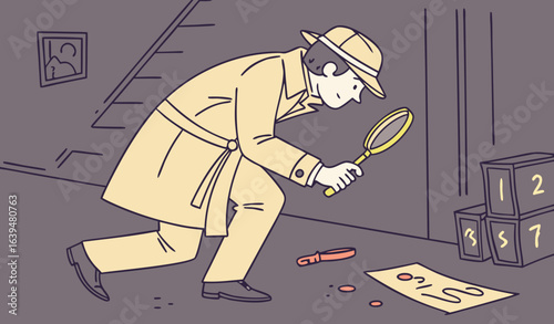 Private detective and investigation concept. The detective examining the murder scene. Flat cartoon vector illustration.         
