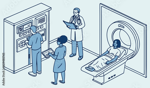 Pictographic of patients undergoing medical examinations in a hospital having scans and x-rays, eye test and dental consultation, blue toned vector illustration   