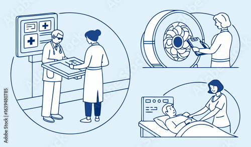 Pictographic of patients undergoing medical examinations in a hospital having scans and x-rays, eye test and dental consultation, blue toned vector illustration   