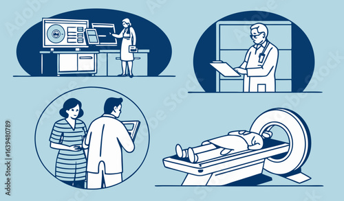 Pictographic of patients undergoing medical examinations in a hospital having scans and x-rays, eye test and dental consultation, blue toned vector illustration   