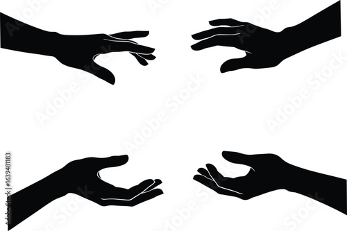Silhouette of human hands reaching, touching, and giving gesture, isolated black vector hands, communication, support, help, connection symbol concept