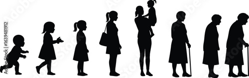 Woman life stages silhouette, female growing from baby to elderly, generational aging vector, child to senior woman, timeline evolution design