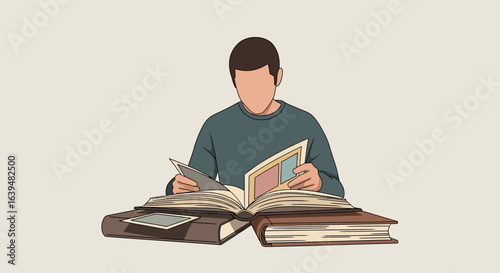 Faceless man engrossed in a large open book, resting on two other books
