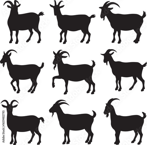 Collection of nine black goat silhouettes in various poses on a white background animal mammal