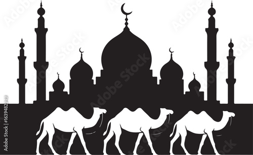 Three camels walking in front of a mosque silhouette with crescent moon Islamic architecture religion