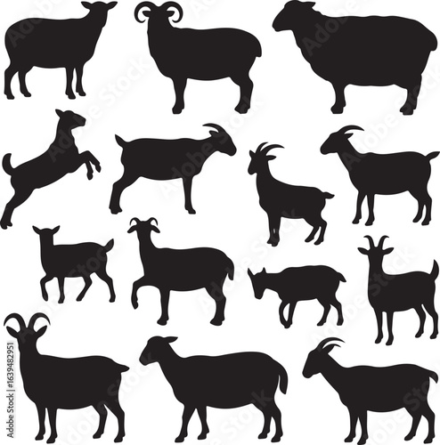 Fifteen black silhouettes of goats and sheep in various poses vector illustration