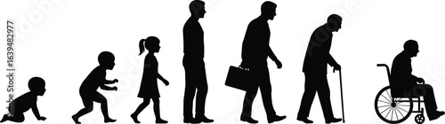 Human life stages silhouette, growth from baby to old age, evolution of man, aging process, concept of life and time