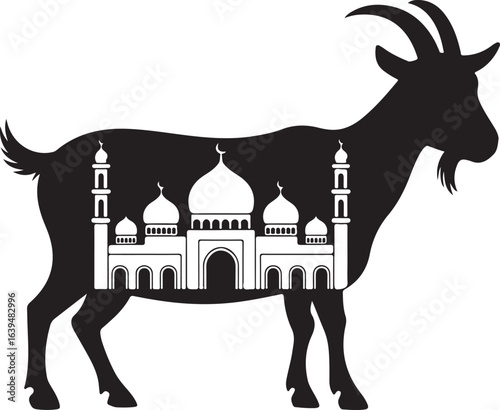 Silhouette of a goat with a mosque inside its body on a white background Islamic architecture
