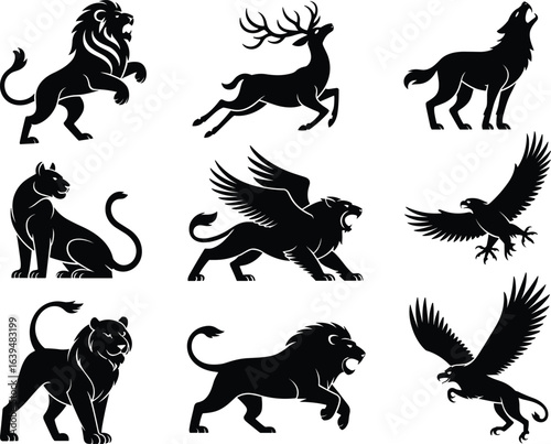 Black silhouette collection of lions, wolves, deer, panthers, griffins, and eagles, representing strength, power, wildlife, fantasy, nature, and freedom.