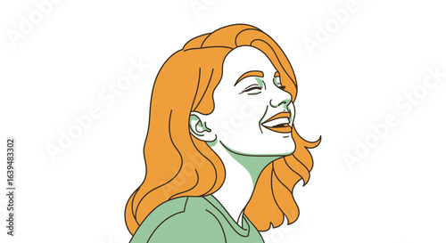Illustration of a laughing woman with orange hair and green shirt looking upwards in a happy expression