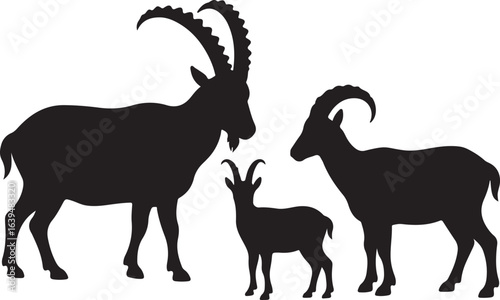 Three Ibex Goats Silhouettes One Large Two Smaller on White animal wildlife