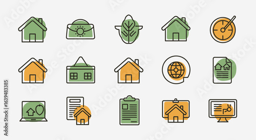 Illustration showing icons related to real estate including houses documents and technology elements
