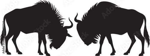 Two Black Wildebeest Silhouettes Facing Each Other On White Background antelope animal
